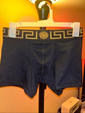 Versace Navy Boxer Briefs with Gold Greek Key Waistband